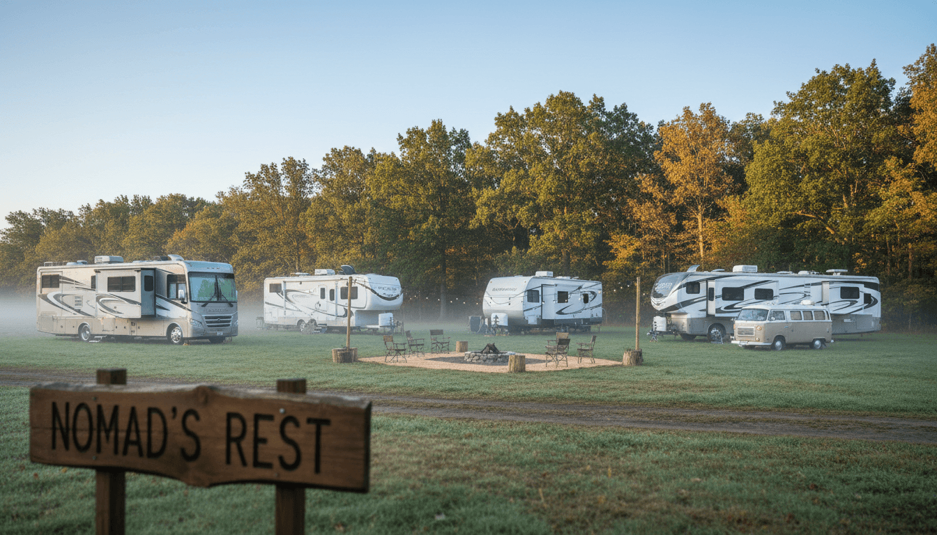 Multiple RVs parked in a grassy field surrounded by trees during early morning mist