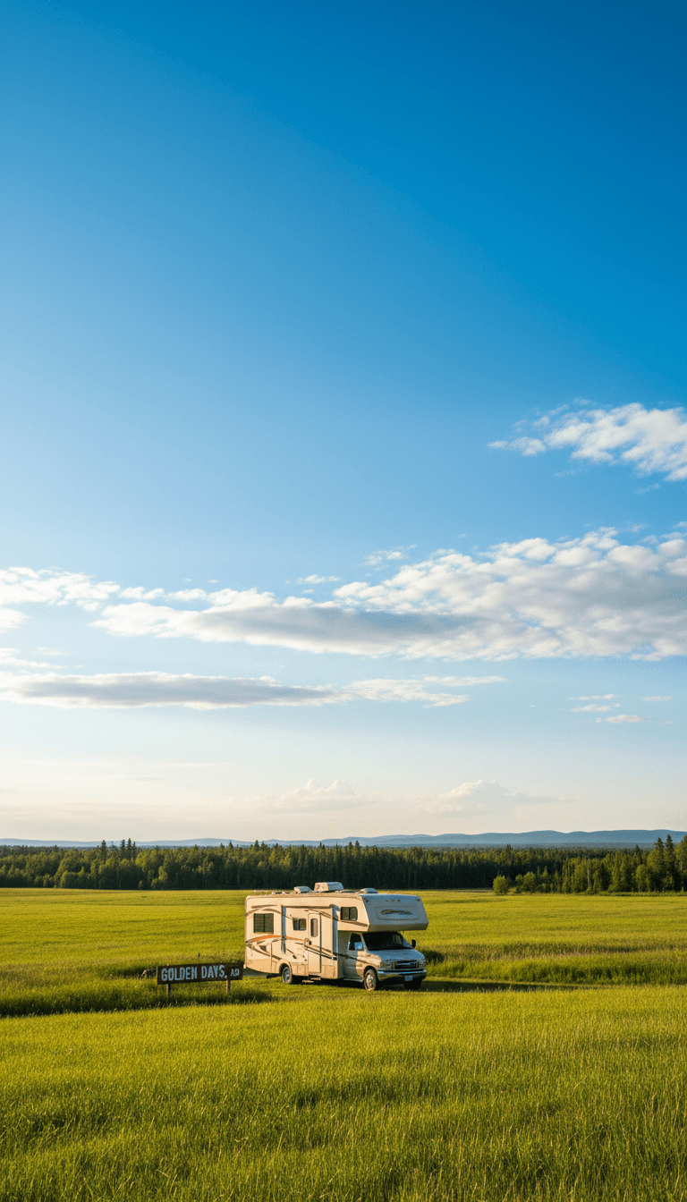 RV parked in a grassy field under a wide Alberta sky with treeline in background