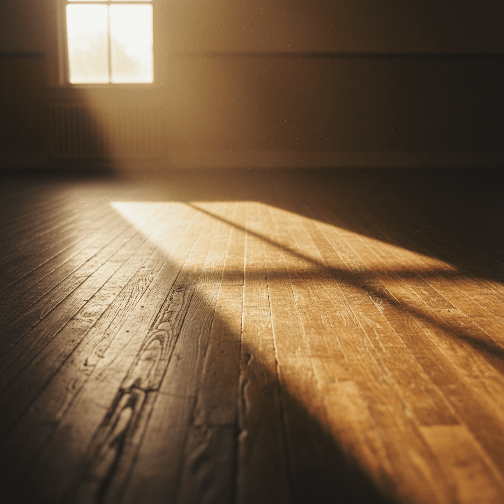 Sunlit wooden floor of a community hall with tall windows and dust motes in the light