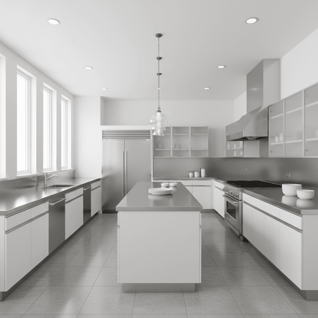 Interior of a community hall kitchen with stainless steel counters and cabinets
