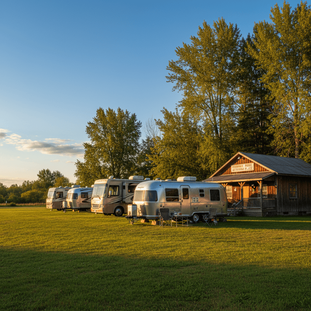 RVs and campers parked on a grassy field beside a community hall at golden hour