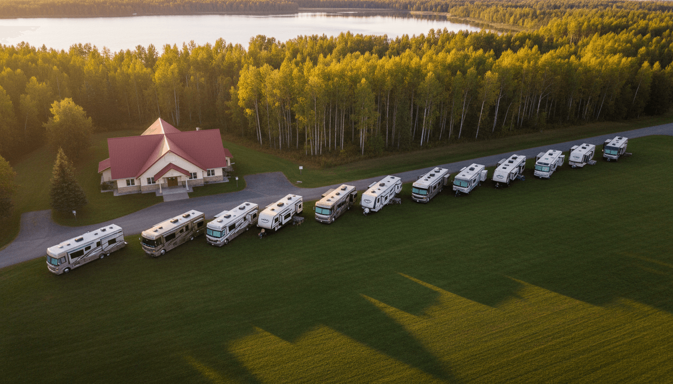 Group of RVs parked on a grassy field beside Sandholm Community Hall at golden hour