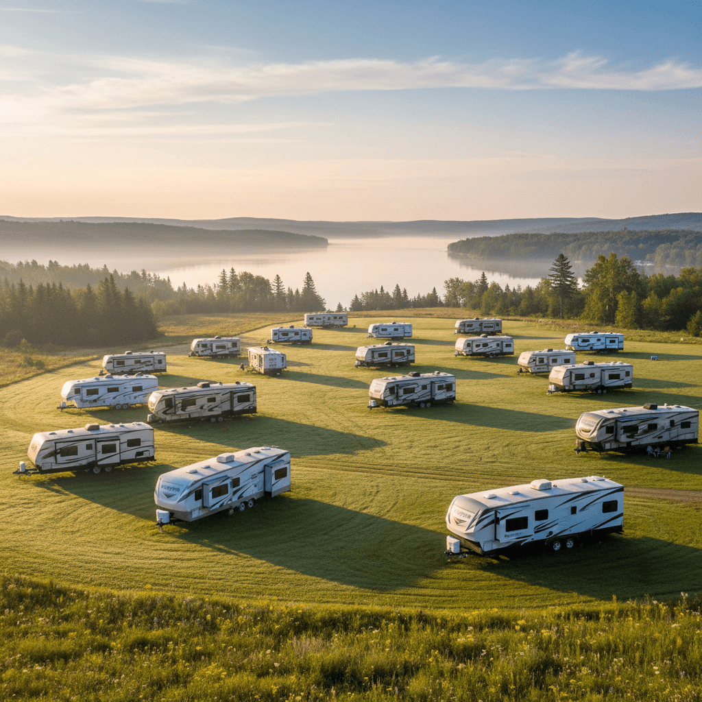 Several RVs parked on a green field near a lake on a sunny morning