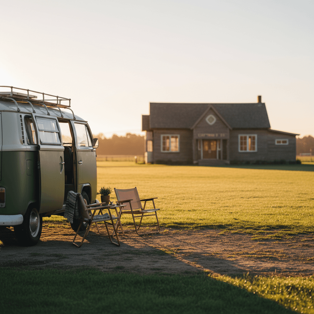 Camper van parked beside a grassy field with a community hall building in the background