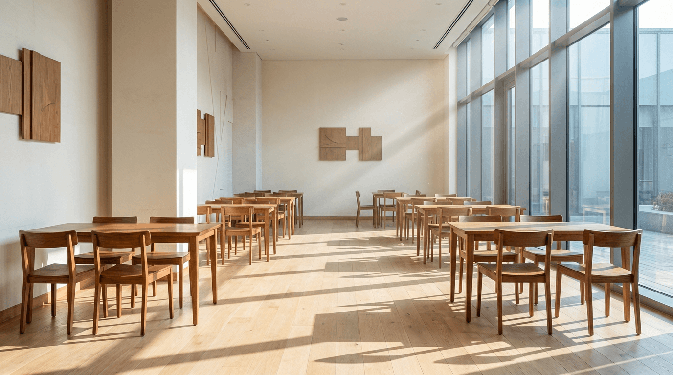 Bright community hall interior with kitchen and wooden table