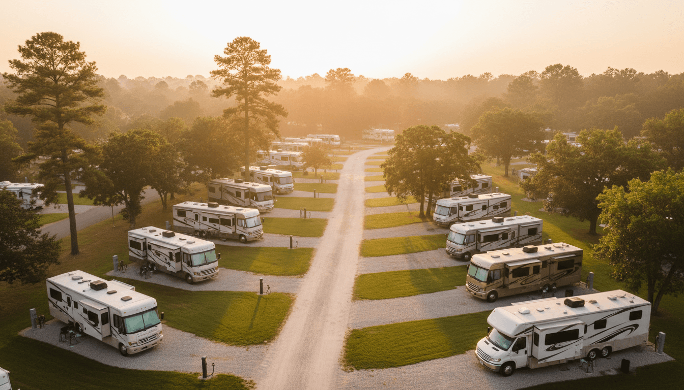RVs parked in a grassy field in front of a community hall at golden hour