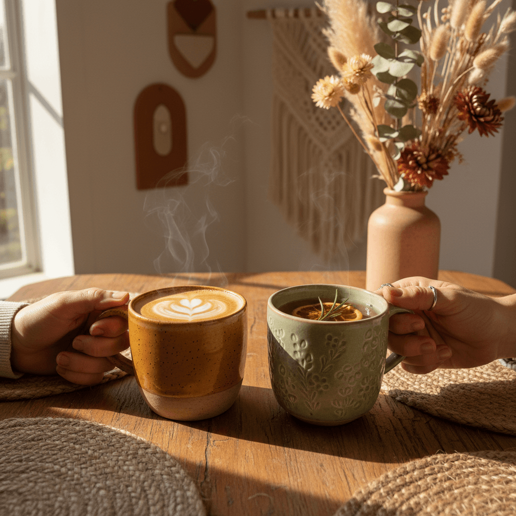 Kitchen table set with mugs and flowers inside community hall