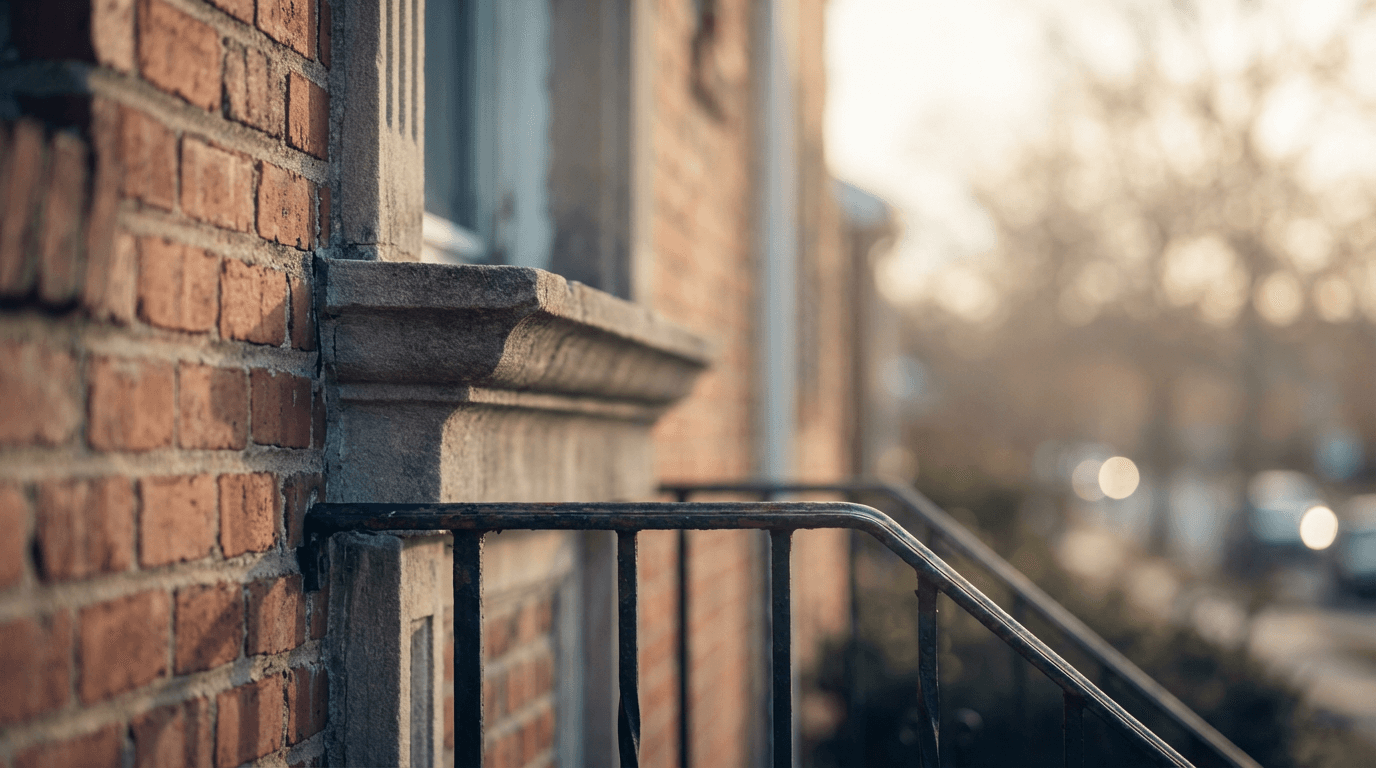Close-up of weathered wooden siding and front porch of a community hall in early morning light